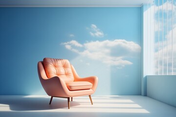a comfortable leather armchair in peach color against a blue wall, next to a window. Contemporary interior design. Generative AI