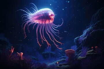 jellyfish in the deep sea, 3d illustration, an orange jellyfish floating in the ocean at night time, Glowing jellyfish swim deep in blue sea.