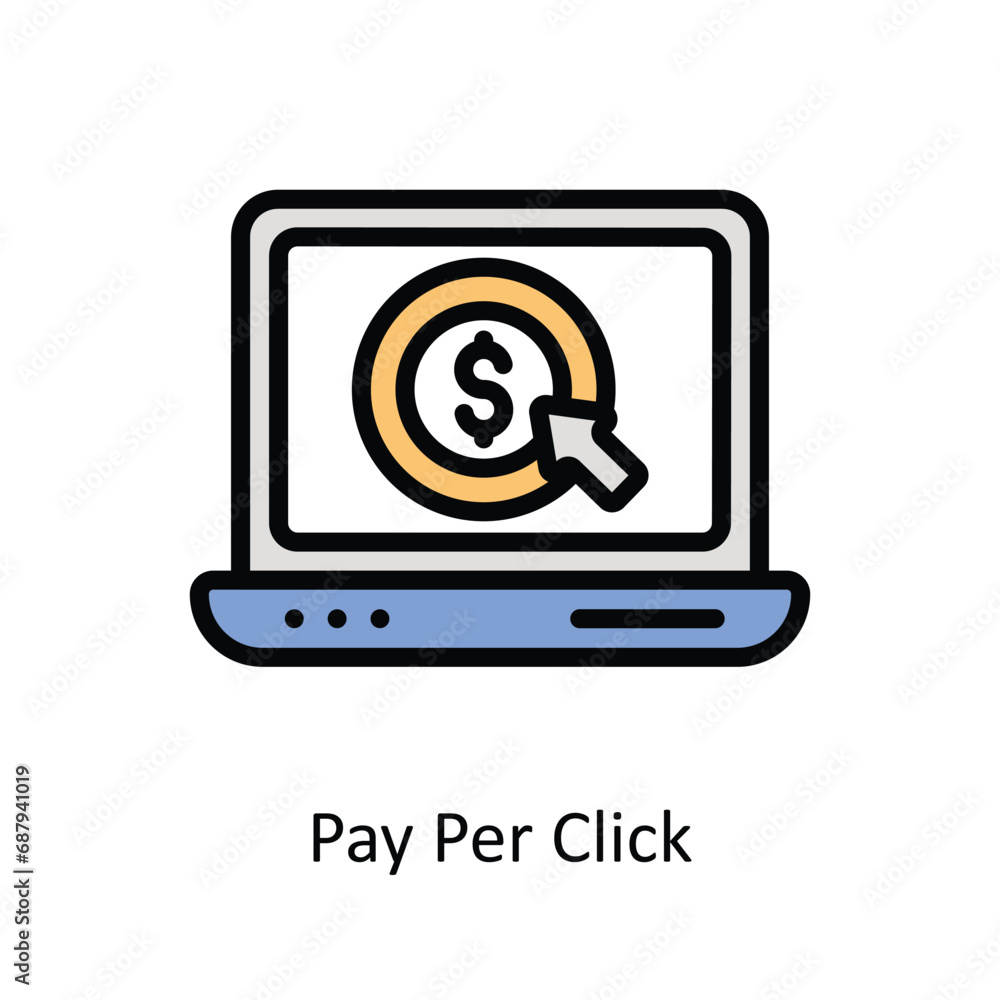 Poster pay per click vector filled outline design illustration. business and management symbol on white bac