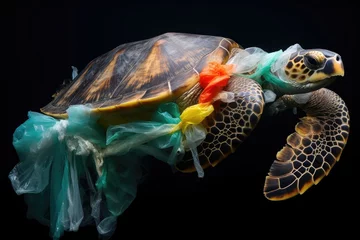 Poster Turtle with plastic bags isolated on black background, Plastic pollution concept, a turtle entangled in plastic debris, harmful impact of plastic pollution on wildlife. © Jahan Mirovi