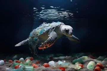 Zelfklevend Fotobehang Sea turtle with plastic garbage in the ocean, water Pollution concept, Problems of plastic pollution in the ocean. Turtles are surrounded by plastic waste under sea water. © Jahan Mirovi