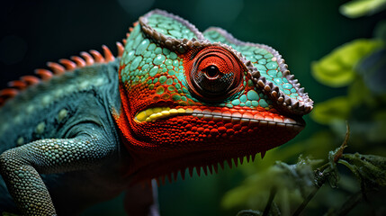 Obraz premium green iguana on a branch, zoom face in forest 
