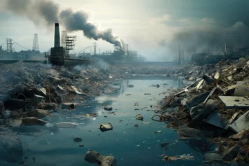 Fotobehang Devastating impact of industrial pollution, Pollution of the environment. Industrial landscape, ecological hazard, environmental pollution concept © Jahan Mirovi