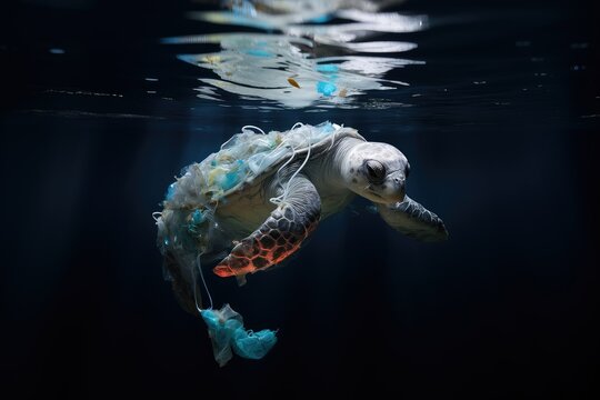 sea turtle with plastic waste, Plastic pollution concept, Portray the devastating effects of plastic pollution on marine life, Underwater photo of sea turtle.
