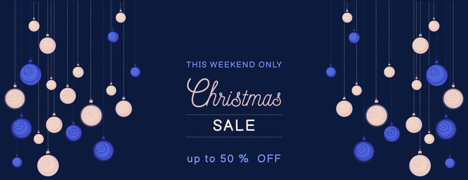 Christmas sale background. Vector Christmas balls on a black blue background. Horizontal border with copy space. Suitable for email header, social media post, advertising, events and page cover