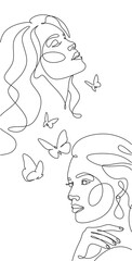 Abstract face with butterfly by one line drawing. Butterfly Line Art. Portrait minimalistic style.  Botanical print. Nature symbol of cosmetics. 
Fashion print. Beaty salon art