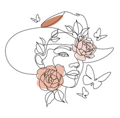 Western woman in a cowboy hat. Cowboy girl in hat line art vector minimalist logo. Abstract Woman and Horse. Girl and horse line drawing 