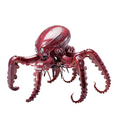 angled view of animal maroon Robotic Octopus isolated on a white transparent background 