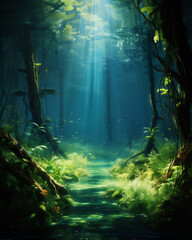 Fototapeta premium Swamp underwater scene with plant and fishes
