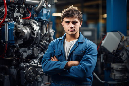 A young car mechanic poses for the camera with his arms crossed in a car repair shop with disassembled engine components in the background.generative ai