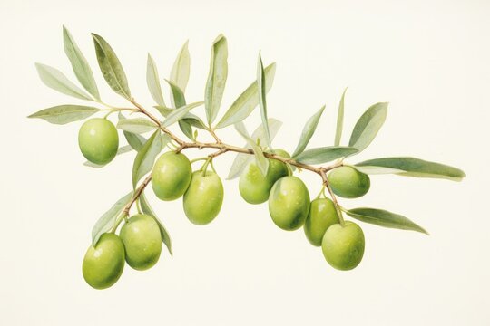 Watercolor illustration of a olive branch isolated on white background. AI generative