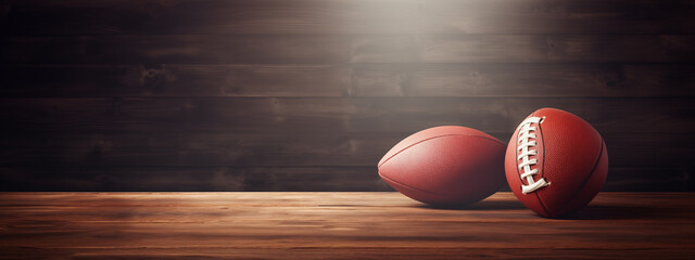 American football balls on wooden background banner 