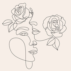 Woman Line Art Minimalist Logo. Nature Organic Cosmetics Makeup. Flower head Feminine Illustration line drawing. Woman face with flowers line