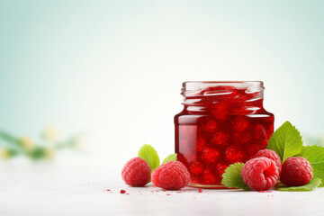 A small open jar of homemade sweet raspberry jam with elements of raspberries and green leaves next to it on a light background with space for a logo or text.generative ai
