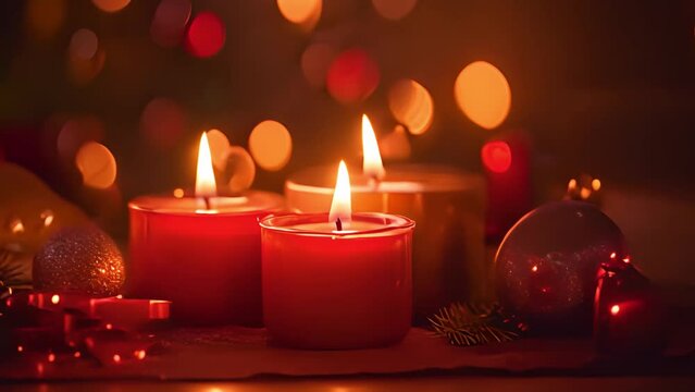 Sparkling lights and burning candles. Christmas and New Year candles and ornaments with bokeh lights red background. Advent background and defocused lights copy space banner Merry Christmas and Happy 