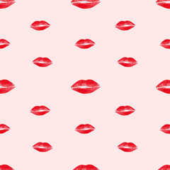 Simple pattern for Valentines day with print of lips kiss on the pink background, fabric, paper. Digital watercolor illustration