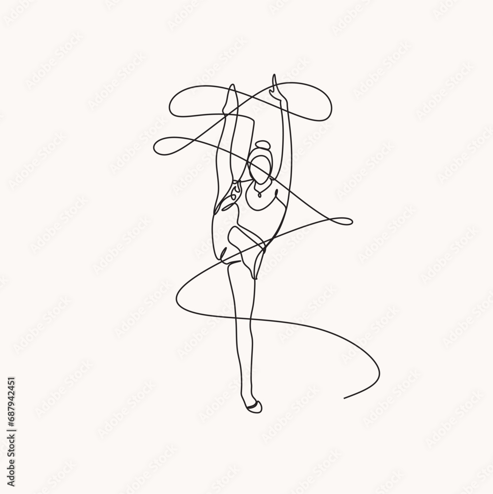 Wall mural continuous drawing in one line. happy woman stretching. vector illustration. dancer dancing contempo