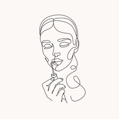 Woman with Lipstick Continuous One Line Drawing. Style Template with Abstract Female Face and Lipstick. Continuous line, Close up portrait of attractive girl rouging her lips. Drawing of set Beauty. 