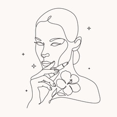 Woman with Lipstick Continuous One Line Drawing. Style Template with Abstract Female Face and Lipstick. Continuous line, Close up portrait of attractive girl rouging her lips. Drawing of set Beauty. 