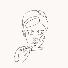 Woman with Lipstick Continuous One Line Drawing. Style Template with Abstract Female Face and Lipstick. Continuous line, Close up portrait of attractive girl rouging her lips. Drawing of set Beauty. 