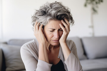 Middle-aged woman with gray hair with migraine or headache - obrazy, fototapety, plakaty