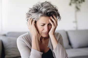 Poster Middle-aged woman with gray hair with migraine or headache © Firn