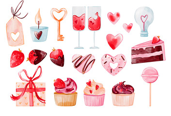 Big set for Valentine's Day, strawberry, glass of wine, present, cute cupcake, lollipop, candle, key. Digital watercolor illustration