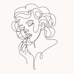 Woman with Lipstick Continuous One Line Drawing. Style Template with Abstract Female Face and Lipstick. Continuous line, Close up portrait of attractive girl rouging her lips. Drawing of set Beauty. 