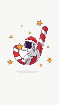 Little Cute Astronaut Kids Ride the Giant Christmas Candy Bar, animated Illustration Footage With Copy Space Area. Can be use as a background for your content. HD Video Portrait Orientation