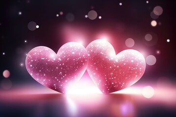 Twin Pink Hearts Glowing with Sparkles and Love on Bokeh Background. Generative AI