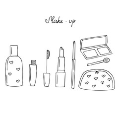 Makeup products set, vector illustration hand-drawn doodles