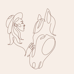 Western woman in a cowboy hat. Cowboy girl in hat line art vector minimalist logo. Abstract Woman and Horse. Girl and horse line drawing 