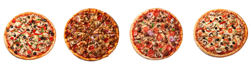 Group of delicious Italian pizza, isolated on transparent background, PNG file