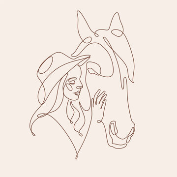 Western woman in a cowboy hat. Cowboy girl in hat line art vector minimalist logo. Abstract Woman and Horse. Girl and horse line drawing 