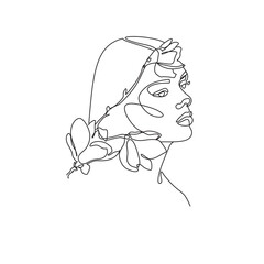 Woman Line Art Minimalist Logo. Nature Organic Cosmetics Makeup. Flower head Feminine Illustration line drawing. Woman face with flowers line