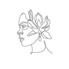 Woman Line Art Minimalist Logo. Nature Organic Cosmetics Makeup. Flower head Feminine Illustration line drawing. Woman face with flowers line