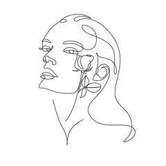 Woman Line Art Minimalist Logo. Nature Organic Cosmetics Makeup. Flower head Feminine Illustration line drawing. Woman face with flowers line