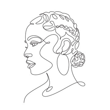 recommend clip art: African woman face line drawing. Curly hair linear. Minimalistic abstract women portrait continuous line art for logo, prints, tattoos, posters, textiles, postcards. Vector illustration
