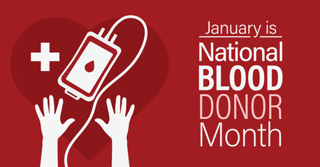 National blood donor month poster. Hand holding a blood pouch with a heart in the background. - obrazy, fototapety, plakaty