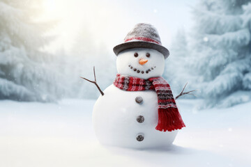 Obraz premium Beautiful snowman with arms made of twigs, hat and scarf on snow and winter background, New Year and Christmas theme with space for text.generative ai