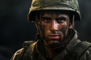 Fototapeta premium Tired desperate dirty soldier wearing helmet looking straight at camera, war and conflict theme.generative ai