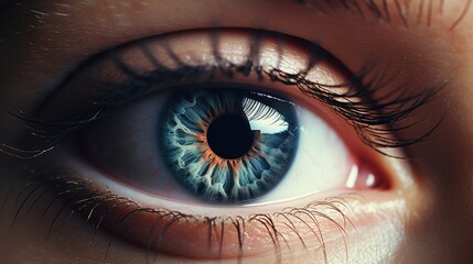 A woman's eye with a blue pupil in close-up. Beautiful black eyelashes. - obrazy, fototapety, plakaty