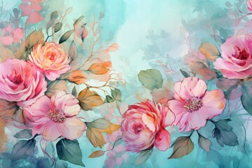 Valentine's Day. Assorted Spring Blossoms on Pastel Blue. Floral Freshness and Beauty. Generative AI