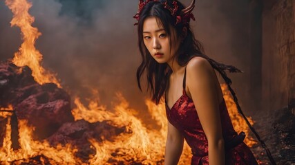 Asian Woman In The Flame Background Very Cool