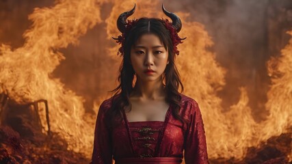Obraz premium Asian Woman In The Flame Background Very Cool