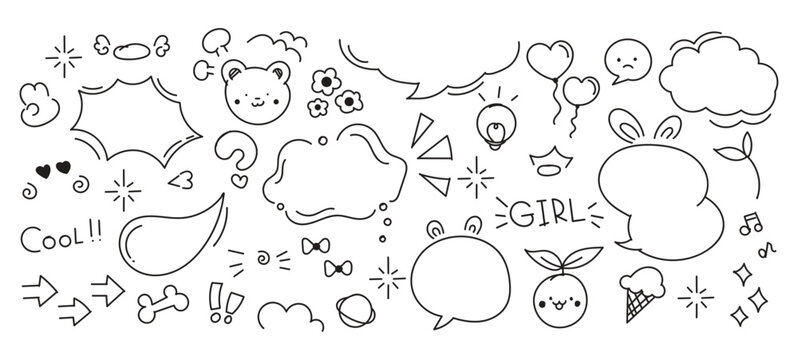Set of cute pen line doodle element vector. Hand drawn doodle style collection of heart, flower, crown, word, speech bubble, ice cream, arrow.