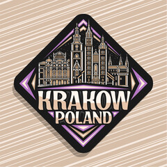 Vector logo for Krakow, dark rhombus road sign with outline illustration of medieval european krakow city scape on nighttime sky background, decorative refrigerator magnet with text krakow poland