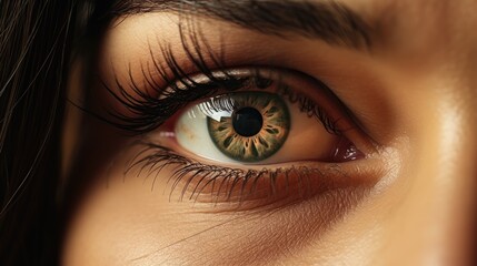 Naklejka premium Female eye with brown iris, pupil close-up. Beautiful black eyelashes.