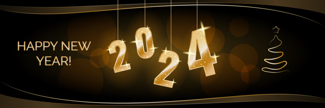 Happy New 2024 Year background and banner, with golden numbers, text greeting and glitter decorations. Vector illustration.