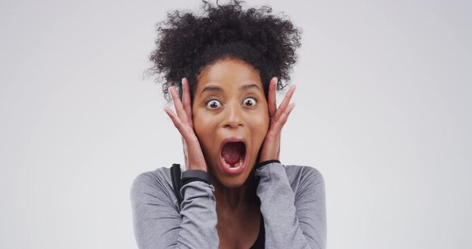 Surprise, wow and hands of face black woman in studio with happy, news or sale promotion on grey background. Emoji, portrait and lady winner mind blown by competition, prize or giveaway, deal or info